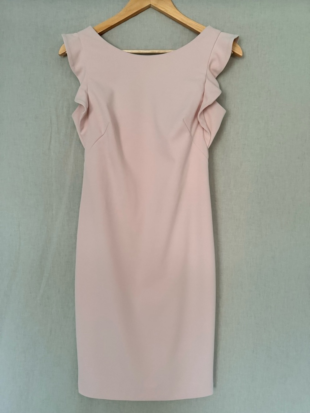 Calvin Klein Blush Pink Sheath Dress | Ruffle Cap Sleeve | Square Back | Lined - Picture 3 of 11